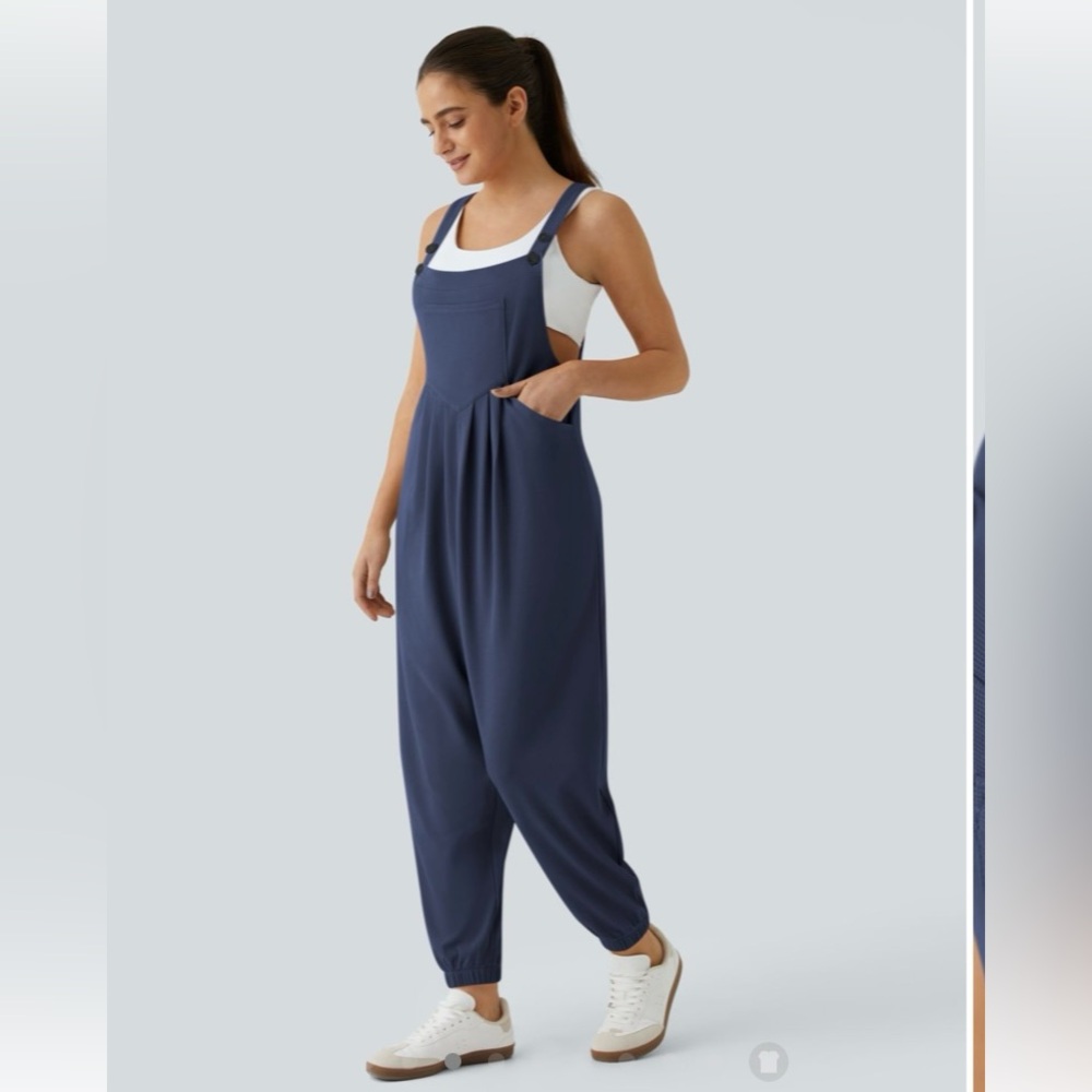 Halara Navy Blue Overalls Waffle Knit Cuffed Jumpsuit Women's S NWT